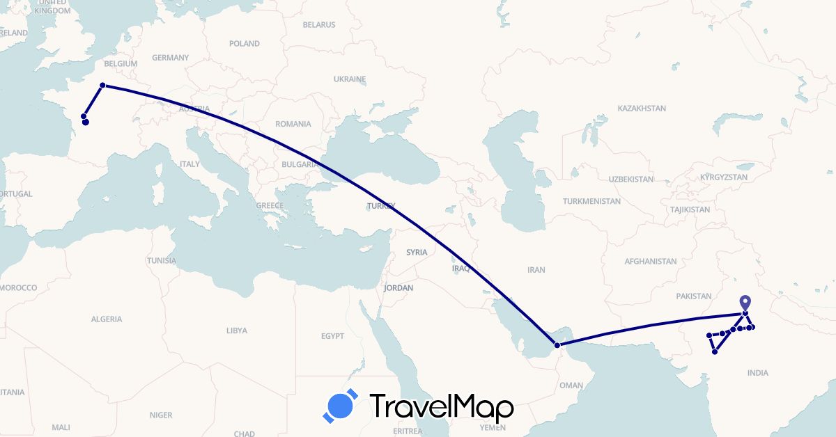 TravelMap itinerary: driving in United Arab Emirates, France, India (Asia, Europe)